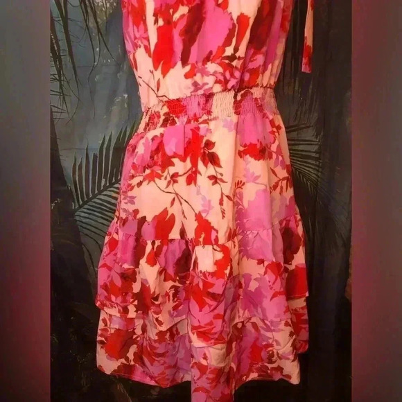 Pink and Red Floral Tie Front One Shoulder Knee-Length Sundress - Picture 8 of 12